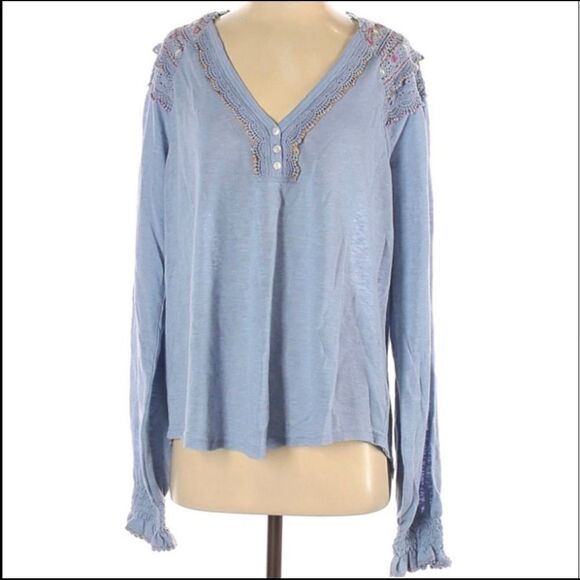 FREE PEOPLE SIESTA EMBROIDERED BOHO BLUE TOP XS - Picture 2 of 5